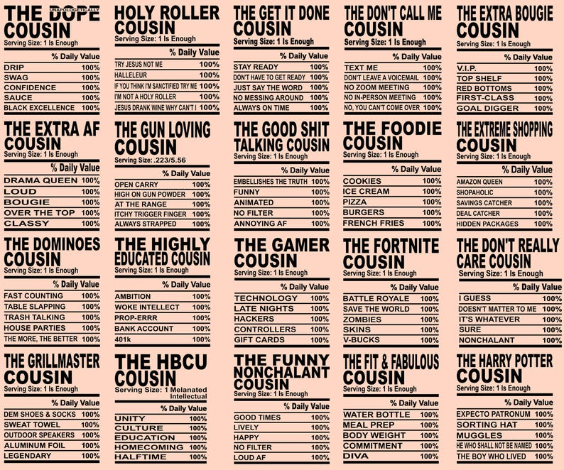 Puede incluir: Un conjunto de etiquetas de informaci&oacute;n nutricional con varias categor&iacute;as humor&iacute;sticas de "Primo", incluyendo "The Dope Cousin", "The Foodie Cousin" y "The Harry Potter Cousin". Cada etiqueta enumera una porci&oacute;n y un porcentaje del valor diario.