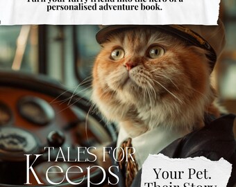 May include: An orange cat wearing a uniform and hat, sitting behind a steering wheel. The image includes the text "Turn your furry friend into the hero of a personalized adventure book." and "TALES FOR Keeps Your Pet. Their Story."
