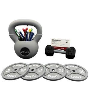 Gym-Themed Desk Accessories Bundle – Dumbbell Business Card Holder Kettlebell Pen Organizer and 4 Barbell Coasters  Fitness Office Decor Set