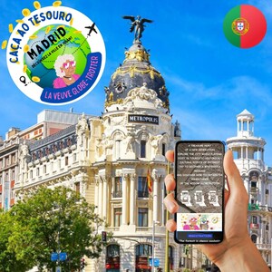 May include: An image promoting a treasure hunt in Madrid, Spain, featuring a building with a domed roof and a smartphone displaying information about the hunt. The text includes "CACA AO TESOURO MADRID" and "LA VEUVE GLOBE-TROTTER".