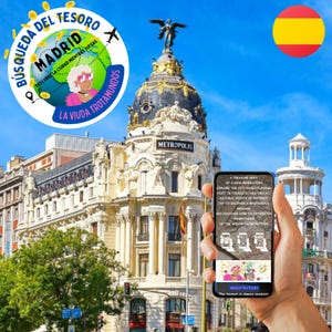 May include: An image promoting a treasure hunt in Madrid, Spain. The image features a building with a dome, a smartphone displaying text about the hunt, and a logo with the text "Búsqueda del Tesoro Madrid". A Spanish flag is also visible.