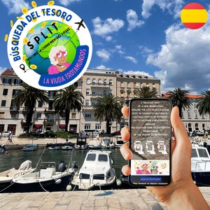 May include: A smartphone displays a treasure hunt app with text and illustrations. The app's logo features a globe, coins, and the words "Busqueda del Tesoro Split." The background shows a coastal city with boats and palm trees.