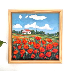 Poppy Meadow Painting – Vibrant Red Flowers and Cottage in Acrylic Landscape