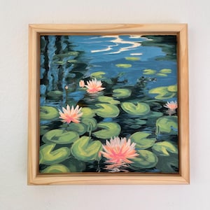 Framed Water Lilies Painting: Impressionist Floral Acrylic Artwork