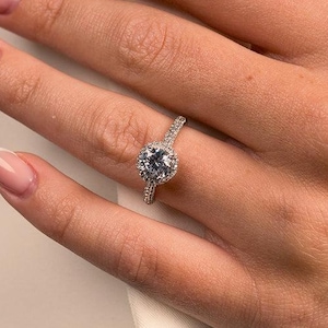 Natural Moissanite Halo Ring - Prong Set Moissanite Solitaire Handmade Ring - CZ Stone Silver Rhodium Plated Gift Ring - Womens Ring Jewelry
