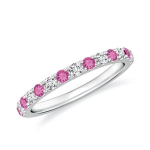 Anillo de media eternidad con turmalina rosa y circonita cúbica en plata de ley. Delicado anillo apilable de moissanita y circonita cúbica. Anillo de bodas para regalo de Navidad.