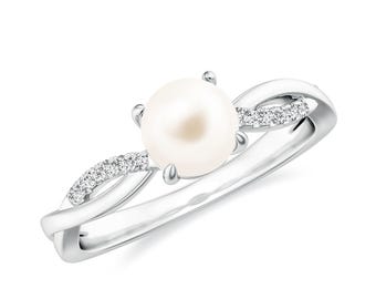 Fresh Water Pearl Engagement Ring, 925 Sterling Silver Moissanite Cz Bypass Ring, 5-7mm White Pearl Bridal Jewelry for Women, Gift for Her