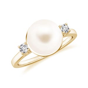 Anello con perla d&#39;acqua dolce a forma di palla rotonda, anello di fidanzamento con moissanite placcato oro 14k per donna, anello solitario con perla bianca da 8-10 mm, regali di Natale