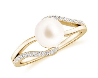 AAA Fresh Water Pearl Ring, 925 Sterling Silver Moissanite Cz Crossover Ring, White Pearl Bridal Jewelry for Women, Dainty Gift Ring for Her