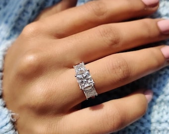 Princess Cut Moissanite Wedding Ring, Sterling Silver Three Prong Set Dainty Jewelry