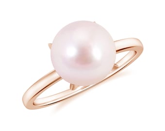 Real Pink Pearl Solitaire Rings, 14k Gold Plated Silver Akoya Pink Pearl Ring, 8mm Smooth Pearl Ball Ring For Mother, Bridal Ring For Her