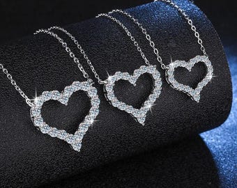 Open Heart Moissanite Cz Charm Pendant Necklace, 925 Sterling Silver Open Halo Necklace for Women, Moissanite Valentine's Day Gift Necklace