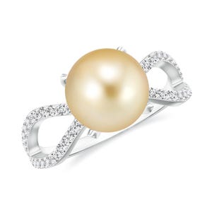 Anello incrociato con perla dorata naturale, anello di fidanzamento in argento sterling 925, anello con perla a sfera rotonda da 8 mm, anello con nodo di perle per donna