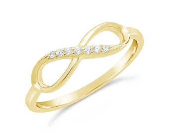 Anillo de nudo de moissanita chapado en oro de 14k, banda de infinito de plata de ley, anillo apilable cruzado pavé