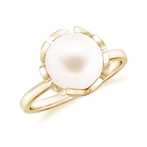 Anello solitario con perla d&#39;acqua dolce da 8 mm, anello con foglia d&#39;argento placcato oro 14k, anello nuziale con perla bianca, anello minimalista per donna