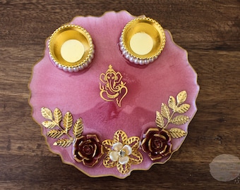 Ręcznie robiona żywiczna taca dekoracyjna na Pooja Thali Ganesha, dekoracja pokoju Puja, spersonalizowana aarti thali, zwroty na parapetówkę, upominki ślubne