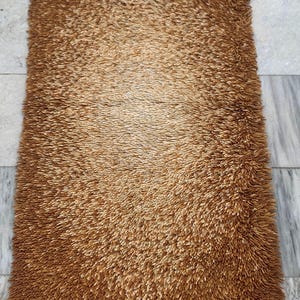 May include: A rectangular brown shag rug with a textured surface. The rug has a gradient effect, transitioning from a lighter tan in the center to a darker brown at the edges. The rug's fibers are dense and create a plush appearance.