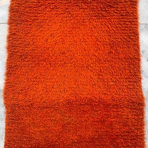 May include: A rectangular, shaggy rug in a vibrant orange hue. The rug has a thick, textured pile, creating a plush appearance. The edges are finished with a thin, off-white border. This rug would be a cozy addition to any room.