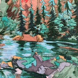 May include: A quilted landscape depicting a serene forest scene. The artwork features a body of water reflecting the surrounding trees and foliage. The color palette includes shades of green, blue, brown, and orange, creating a tranquil and naturalistic aesthetic.