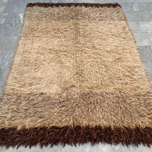 May include: A rectangular, shaggy rug with a neutral color palette. The rug features a light tan center with a darker brown border along the bottom and top edges. The texture appears soft and plush, suitable for a living room or bedroom.