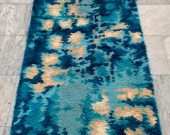Puede incluir: Una alfombra rectangular con una textura peluda. La alfombra presenta un patrón de colores verde azulado, turquesa y beige. El diseño tiene una apariencia floral o abstracta, con los colores mezclándose para crear un efecto visual único.