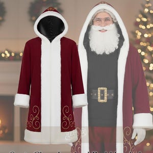 Può includere: Un cappotto invernale rosso con cappuccio ispirato a Babbo Natale con orli in montone di pelliccia sintetica. Il cappotto presenta finiture in finta pelliccia bianca, dettagli ricamati in oro e una fodera nera. Il testo sull'immagine recita: Santa Claus Inspired Red Hooded Winter Coat with Faux Fur Shearling Hems.