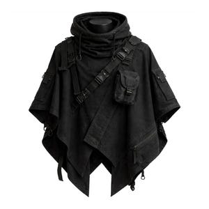 Poncho con cappuccio cyberpunk – Mantello tattico nero multiuso, felpa con cappuccio stile streetwear tecnico
