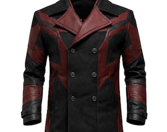 Chaqueta de cosplay de lana y cuero negro y rojo: abrigo cruzado futurista