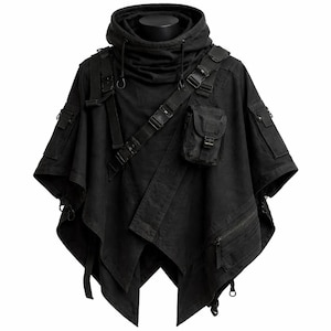 Cyberpunk Hooded Poncho – Black Tactical Utility Cloak, Techwear Streetwear Cape Hoodie