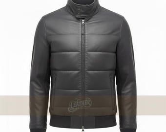 Handmade Genuine Black Leather Puffer Jacket | Winter Puffer Coat