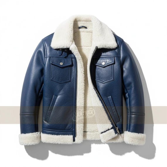 Blue Leather Bomber Jacket | Handmade Sheepskin Winter Fur Jacket