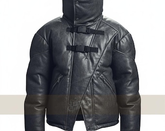 Handmade Genuine Black Leather High Neck Puffer Jacket | Winter Puffer Coat