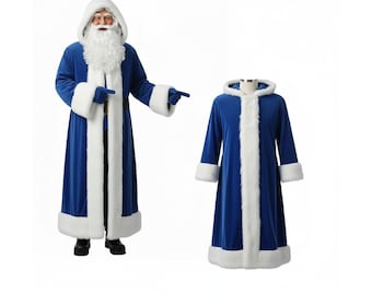 May include: A blue Santa Claus costume with white faux fur trim. The costume includes a hooded robe, gloves, and a long white beard. A matching robe is displayed on a mannequin.