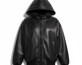 Oversized Black PU Leather Hoodie – Unisex Y2K Streetwear Jacket