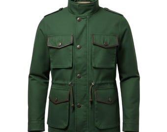 Green Waxed Cotton Canvas Jacket – Handmade Style Utility Coat for Men