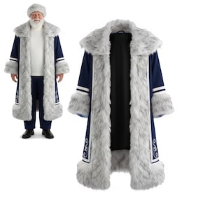 May include: A navy blue Santa Claus coat with a faux fur collar and trim. The coat features white accents and decorative scrollwork. The coat is long and has a matching hat. The coat is displayed on a white background.