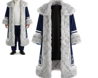 May include: A navy blue Santa Claus coat with a faux fur collar and trim. The coat features white accents and decorative scrollwork. The coat is long and has a matching hat. The coat is displayed on a white background.