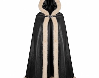 Black Leather Hooded Cloak with Faux Fur Outline – Medieval, Viking & Wizard Fantasy LARP Costume