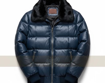 Blue Leather Puffer Jacket Handmade Genuine Sheepskin Leather | Fur Collar Coat