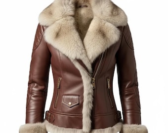 Damen Braun Leder Shearling Jacke - Gesteppter Klassischer Winter Mantel mit Kunstpelz gefüttert