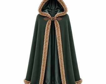 Mantello verde in lana per cosplay – Mantello con cappuccio fantasy medievale con pelliccia sintetica / Costume vichingo per LARP