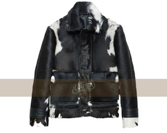Unisex Handcrafted Rodeo Cowhide Leather Jacket – Black and White Real Cow Skin Western Jacket