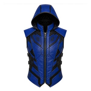 Handmade Cobalt Blue Hooded Leather Cosplay Vest – Cyberpunk Armor Techwear Halloween Vest