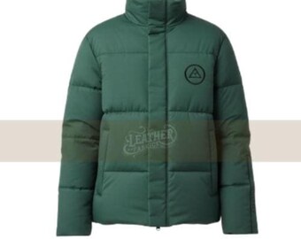 Minimalist Green Puffer Jacket with Chest Logo | Winter Warm Quilted Coat for Men & Women