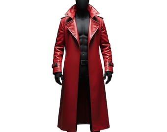 Herren Roter Leder Steampunk Trenchcoat - Langer gotischer viktorianischer Stil, handgefertigter Cosplay-Mantel