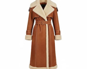 Handmade Brown Suede Shearling Penny Lane Style Coat | Vintage 70s Style Winter Coat