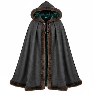 Ironwood Hooded Wool Cloak with Faux Fur Trim – Medieval Winter Fantasy Cloak