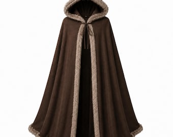 Handmade Brown Wool Cape Medieval Fantasy Hooded Cloak With Faux Fur | Viking LARP Costume