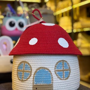 Handmade Mushroom House Storage Basket – Crochet Toy Organizer | Whimsical Décor | Red & White Toadstool Basket | Cute Kids Room Storage