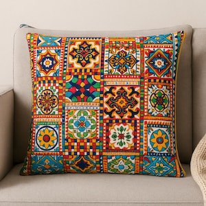 Boho Mediterranean Tile Pillow Cover – Colorful Mosaic Cushion Case, Moroccan Style Throw Pillow for Couch, Handmade Home Decor